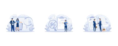 Şirket ilkeleri simgeleri ayarlandı. İşveren ve işçi sözleşmesi, iş yükümlülükleri. İş paylaşımı, gizlilik anlaşması, istihdam anlaşması, düz vektör çizimi modern illüstrasyon