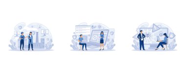 Antivirüs yazılım geliştirme metaforu. Kötü amaçlı yazılım, bilgisayar virüsü ve casus yazılım, endüstriyel siber güvenlik yönetimi. Çevrimiçi programlar kişisel veri koruması, düz vektör modern illüstrasyonunu ayarla