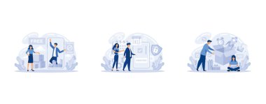 Free period, bundle set. Freemium, subscription and bundling models. Promotion modeling digital processes concept. People working to create visual structures in business, set flat vector modern illustration