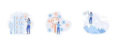 Hedeflere ulaşmak. Doğru çözümleri bulmak. Fikir yönetimi afişleri hazır. Hedefe ulaşmanın başarılı bir yolu. Hırs işi. Hedefin yol haritası. Zafere olan arzu, düz vektör modern illüstrasyonunu ayarlayın.