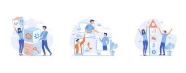 Teamwork online, common goals scenes set. Business meeting successful teamwork concept. Businessman and woman characters communicating via internet, collaborating, brainstorming, set flat vector modern illustration