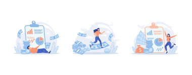 Active income obtained in course of certain activity using your knowledge and skills, getting paid for work. Works, earns salary. Idea of financial growth, business development, wages, set flat vector modern illustration