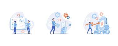 Stratejik iş planlaması, otomasyon süreci. İş misyonu, kurallar, vizyon beyanı, rekabetçi istihbarat, hedefler eylem başlangıç planı, marka başarısı, düz vektör modern illüstrasyonunu ayarla