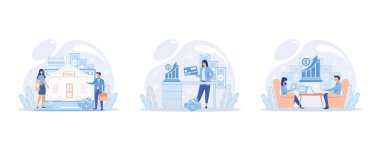 Çevrimiçi bankacılık, finansal danışmanlık, tasarruf hesabı. Cep telefonu ödemeleri, nakit işlemleri. Cep telefonu para transferi uygulaması. E-para, banka depoziti. Dijital cüzdan. Nakit yatırım, düz vektör modern illüstrasyonunu ayarla