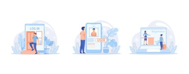 Enter login and password. Registration page on screen. Sign in to your account, Login page. Mobile app with user page. User profile, news, notifications, set flat vector modern illustration