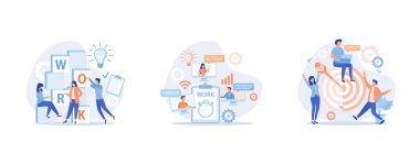 Teamwork online, common goals banners set. Business meeting successful teamwork concept. Businessman and woman characters with laptop communicating, collaborating, brainstorming, set flat vector modern illustration