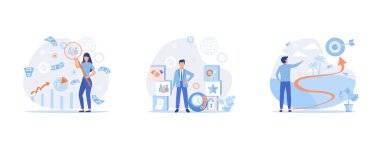 Business services, strategic planning, market research, project management, Teamwork to achieve goal and increase results and profits, set flat vector modern illustration