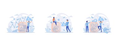 Saving account concept , People with coins and piggy bank. Accumulation of funds, wealth, passive income. Receiving interest from keeping money, safe future. Banking services, set flat vector modern illustration