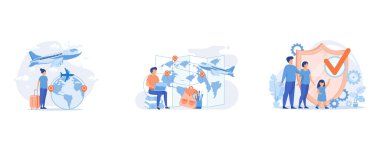 Intercontinental transport abstract concept, Educational tourism abstract concept, Social security abstract concept, set flat vector modern illustration