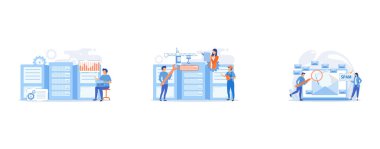 Data scientist, data analytics manager, database developer and administrator working, Engineers consolidating and structuring data in the center, Businessmen get advertising, phishing, spreading malware irrelevant unsolicited spam message, set flat v