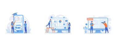 E-learning during global covid pandemic concept, Educational courses software for home-schooling during covid-2019 pandemic quarantine, Blogger streaming in self-isolation, set flat vector modern illustration