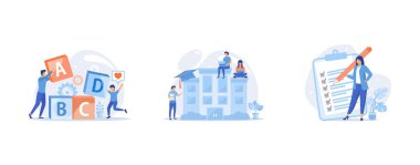 Primary school education, People studying remotely, e learning, Project management, goal completion, to do list, set flat vector modern illustration