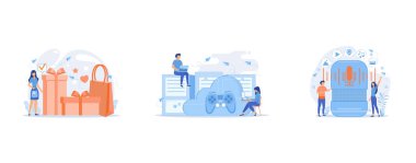 Gift card with bow and ribbon, gift box and woman loving shopping, Two gamers playing computer connected with joystick, Users buying smart speaker applications online, set flat vector modern illustration