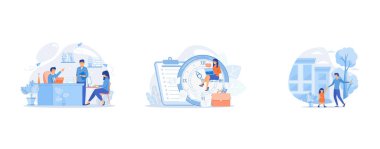 Business people working in modern eco-friendly office with plants and flowers, A freelance developer sitting on the clock hands with a laptop, Physiotherapist and child gets treatment, set flat vector modern illustration