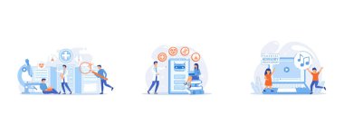 Doctors and personalized prescriptive analytics, Medical chatbot gives healthcare consultation to patient, Children at laptop listening to music with parental advisory label warning, set flat vector modern illustration