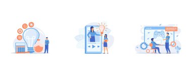 STEM education model, Video tutorial watching, International business partners video conference, set flat vector modern illustration