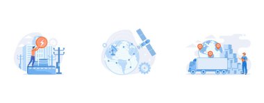 Power plant, electric industry, energy production, Gps coverage area, Order worldwide delivery service, set flat vector modern illustration