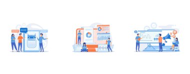 Business people communicate with chatbot application, Business analysts performing idea management on computer screen, Marketeers learning from fellow professionals at meetup with presentation board, set flat vector modern illustration