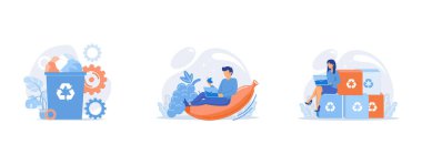 Paper waste bin, Organic fruits eating, Recyclable and eco friendly packaging, set flat vector modern illustration