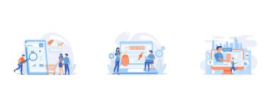 Ecommerce, internet shopping promotion campaign, Marketers analyzing digital marketplace, Targeted social media ads, set flat vector modern illustration
