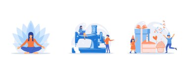 Yoga school instructor, Professional sewing classes, Children birthday party, set flat vector modern illustration