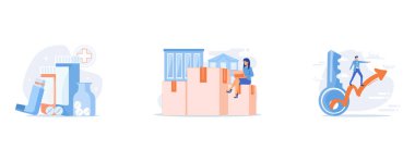 Pharmaceutical products, Relocation services, Business strategy planning, set flat vector modern illustration