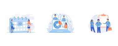 Project deadline date planning, Social research, Company staff, coworkers team, set flat vector modern illustration