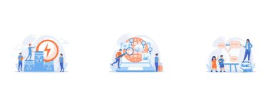 Engineers working at nuclear power plant reactors releasing energy, Trip planning, holiday vacation organization, Tiny people, teacher and kids in camp learning English and Chinese,