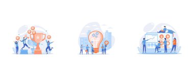 Competition winner holding golden trophy and medal, Company newcomers, personnel, staff, Financial literacy education, e business school, set flat vector modern illustration