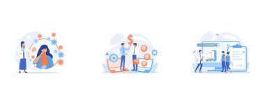 Female allergic to spring flowers sneezing and taking medicine, B2B sales person selling products and services to buyer in laptop, Tiny people, doctor prescribing medicine to patients online, set flat vector modern illustration