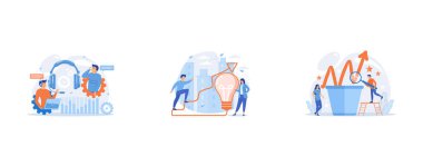 Operator wearing headset at computer cold calling to a potencial client, Businessman running up stairs arrow to lightbulb, Business team work with growth chart in flower pot, set flat vector modern illustration