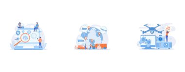 Tiny business people with digital devices testing demo software, Internet store goods international shipment, Man selling computer, lending portable gadgets, set flat vector modern illustration