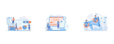 Tiny people auditors, accountant with magnifier during examination of financial report, Social media specialists manage multiple accounts on huge laptop, Pr managers communicate and huge megaphone, set flat vector modern illustration