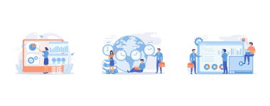 Digital marketing strategist working with digital technologies and media, Worldwide business, international company branches, Data analysis, business analytics, SMM strategy, set flat vector modern illustration