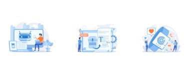 User with computer, laptop and tablet screens with chatbot and digital habits, Speech-to-text app, voice recognition application, Smartwatch with applications icons and users, set flat vector modern illustration