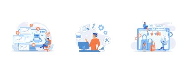 Cryptocurrency mining software, artificial intelligence for e business, Clients assistance, call center, hotline operator, consultant manager, Shopping sale, set flat vector modern illustration