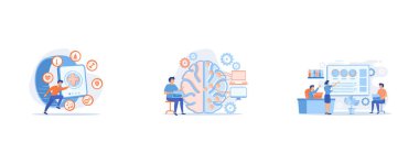 Runner uses smartwatch sport and health apps, Brain with digital circuit and programmer with laptop, Business team with laptops look at digital presentation with charts, set flat vector modern illustration