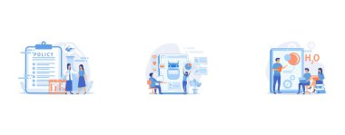 Pharmaceutical policy on clipboard and researchers, tiny people, Programmers and chatbot processing natural language, Professor teaching sudents science with help of tablet and augmented reality, set flat vector modern illustration