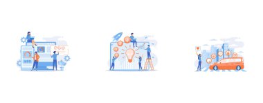 Developers at computer and smartphone working on single page app, tiny people, Capital fund financing small firm with high growth potential, Businesswoman with heart likes using autonomos car with technology icons, set flat vector modern illustration