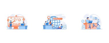 Technical support guys working on repairing a computer hardware and software, Freelancers team work with laptops connected by global network, Businessman at laptop and leader runs up on books with trophy and his team, set flat vector modern illustrat