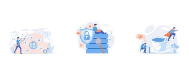 Two users searchig for big data in the cloud, Protection shield with lock, magnifier and users working with protected data, A man sitting tired at the desk and another flying full of energy after cup of coffee, set flat vector modern illustration