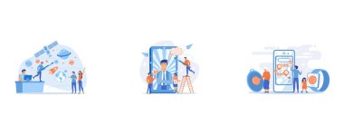 VR space exploration, virtual reality cosmos travel, Social media networks content creating and sharing, People get lost, in trouble, set flat vector modern illustration