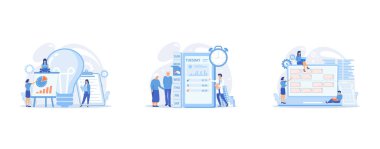 Business people analyzing and lightbulb, Smart, digital perscribed pill, remedy boxes, Tiny people developers at laptop and customer requirements., set flat vector modern illustration