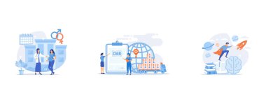 Doctor provides health services to pregnant woman and during labour, Worldwide logistics and distribution contract, Open book, brain and user flying in space among planets, set flat vector modern illustration