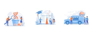 Scientists with magnifier looking at huge DNA in the pot, Tiny people high school students in dresses and suits chatting at promenade dance, Business people at truck with burger eating fast food and drinking coffee, set flat vector modern illustratio