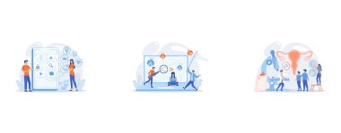 It professionals are creating mobile applications on the smartphone screen, People catching bugs on the laptop screen with angle brackets, HPV virus checkup, set flat vector modern illustration