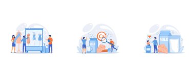 Designer team working on new clothes collection and piece of cloth on mannequin, Tiny people, healthy sportsman with organic food high in calcium, Dairy products, cheese, yoghurt and kid likes drinking milk, tiny people, set flat vector modern illust