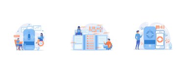 Smart speaker used by office workers, Database analysts with laptops working with data in the center, User playing music on smart speaker and mobile phone, set flat vector modern illustration