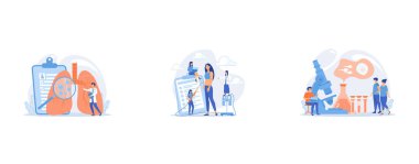 Huge magnifier showing cancer in the lungs and doctor with document folder, Plastic surgeon with a suction tube doing liposuction of woman marked body parts, Scientist on microscope working on infertility treatment for couple, set flat vector modern 