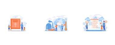 Tiny people, kids boy and girl in christian summer camp reading bible, People in panic to announce global heating data, Tiny people, happy kids learning programming on huge laptop, set flat vector modern illustration